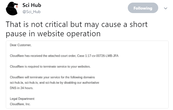 Cloudflare停止為Sci-Hub提供域名服務