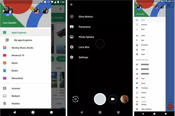 從左到右分別是 Play Store，Google Camera 及 Inbox